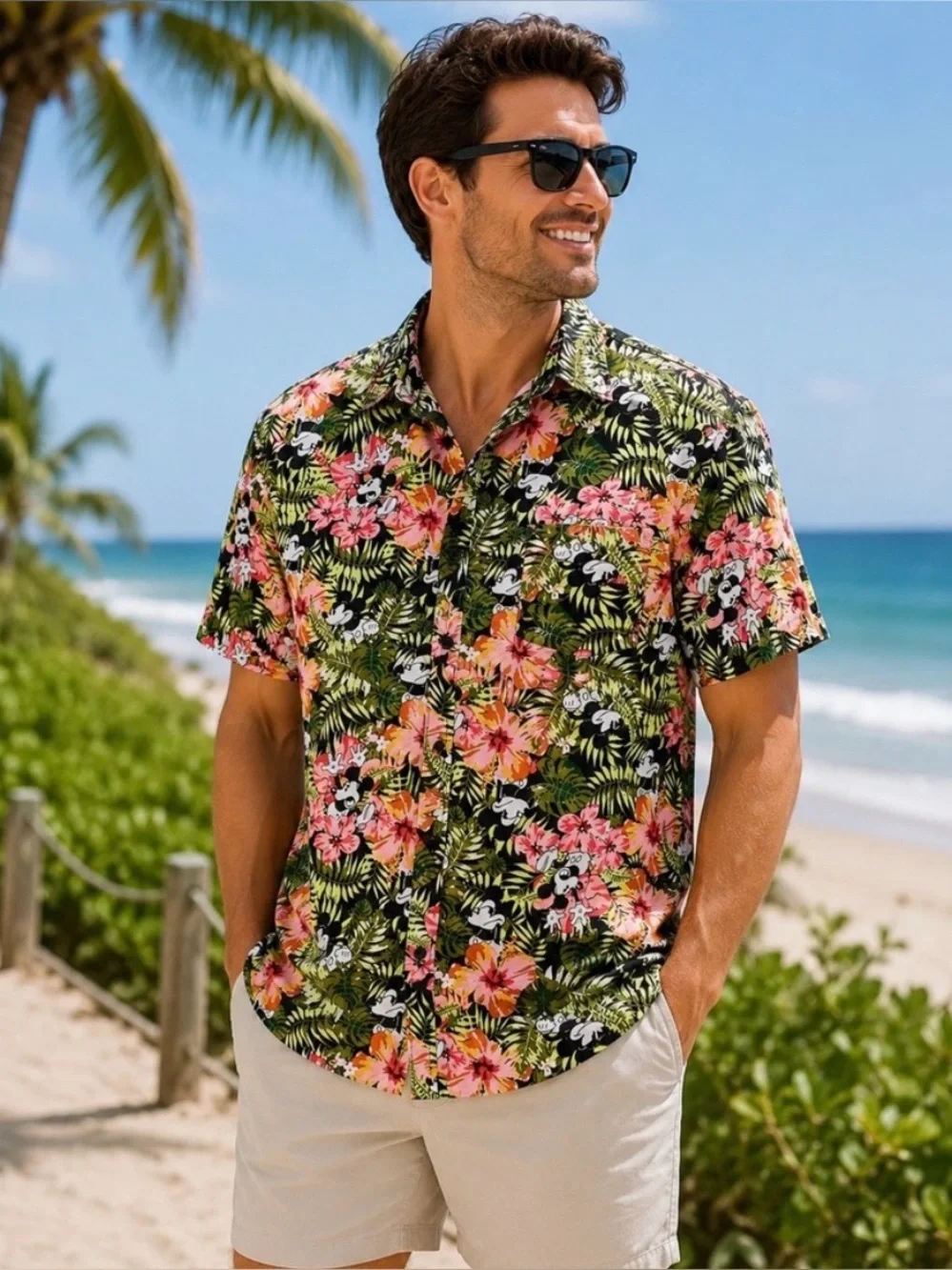Disney Mickey Mouse Tropical Hawaiian Floral Button Up Shirt Mens Size Medium